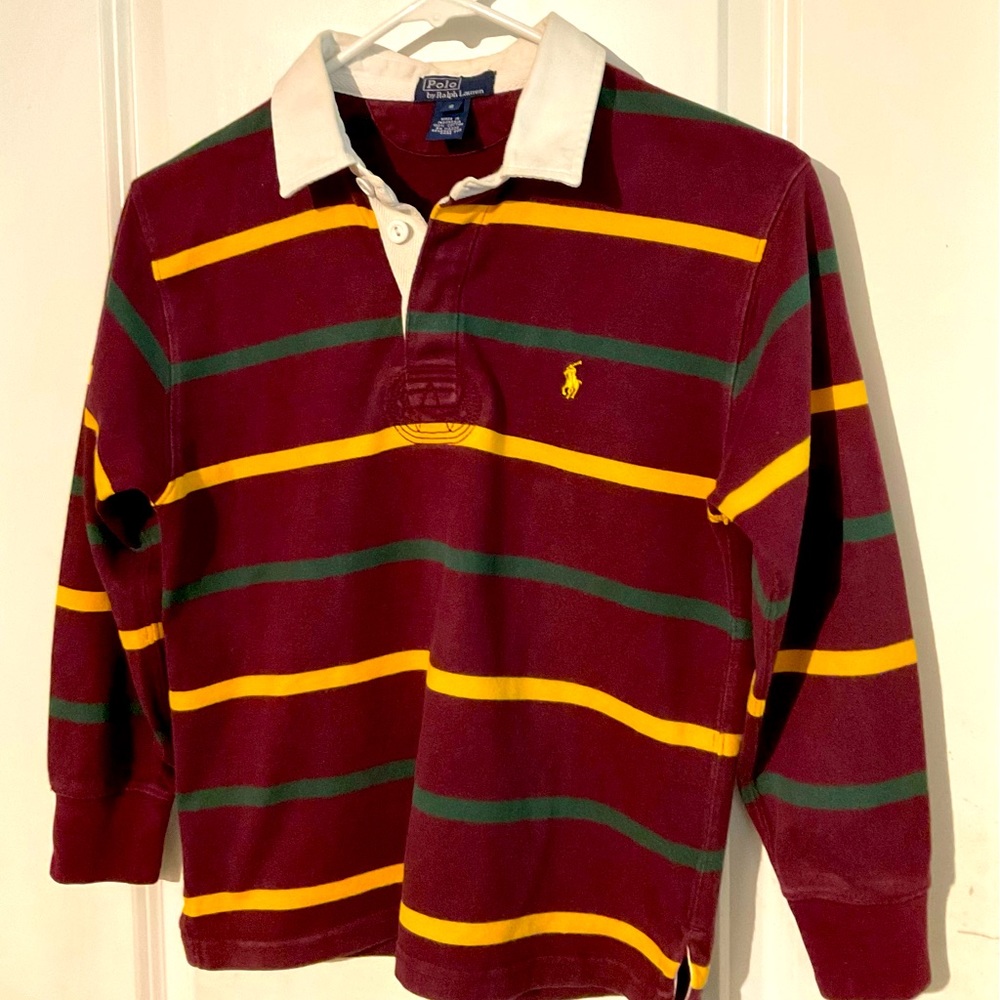 🔥🏇Polo Ralph Lauren Boy Burgundy, Yellow, and Green Striped Long Sleeve Shirt